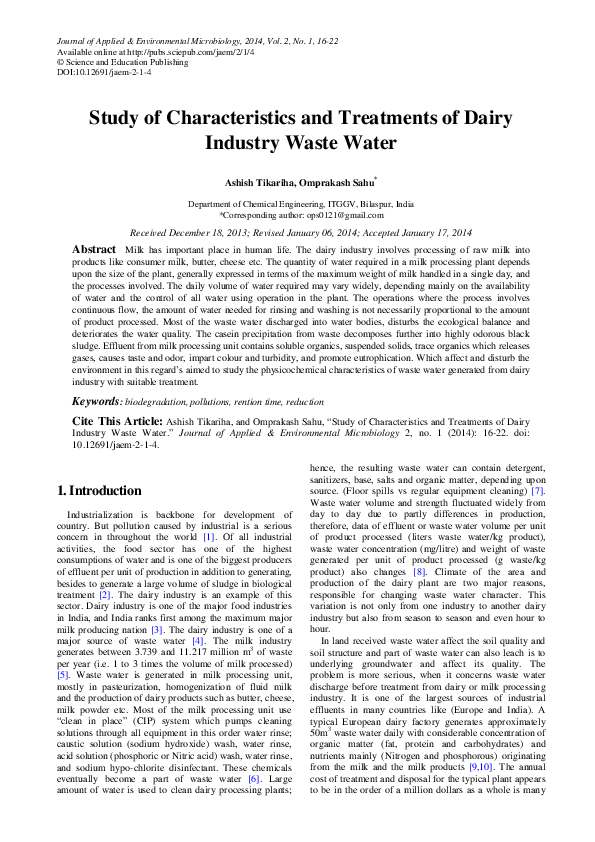 (PDF) Study of Characteristics and Treatments of Dairy Industry Waste