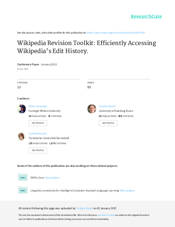 (PDF) Wikipedia Revision Toolkit: Efficiently Accessing Wikipedia's ...