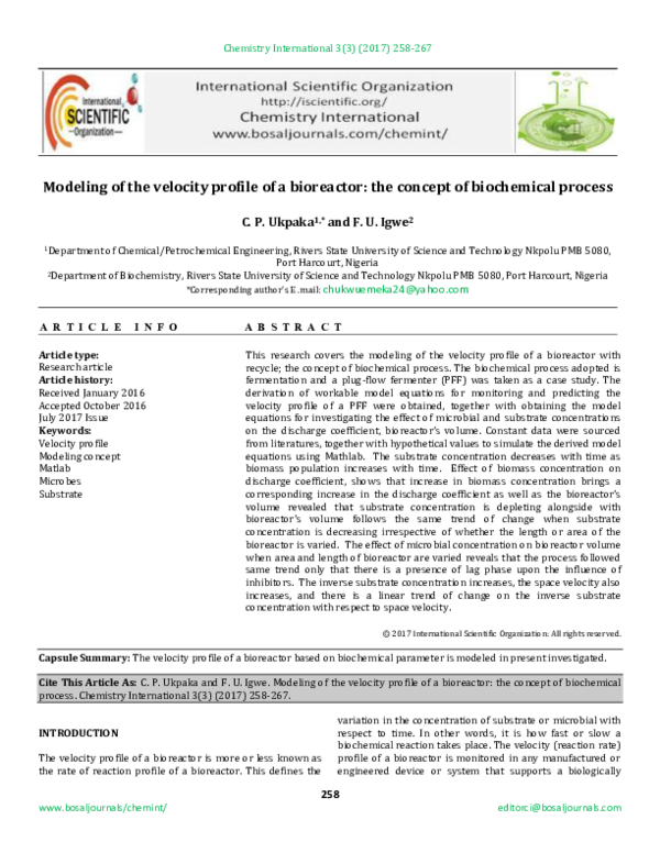 Pdf Modeling Of The Velocity Profile Of A Bioreactor The Concept Of Biochemical Process Chemistry International Academia Edu