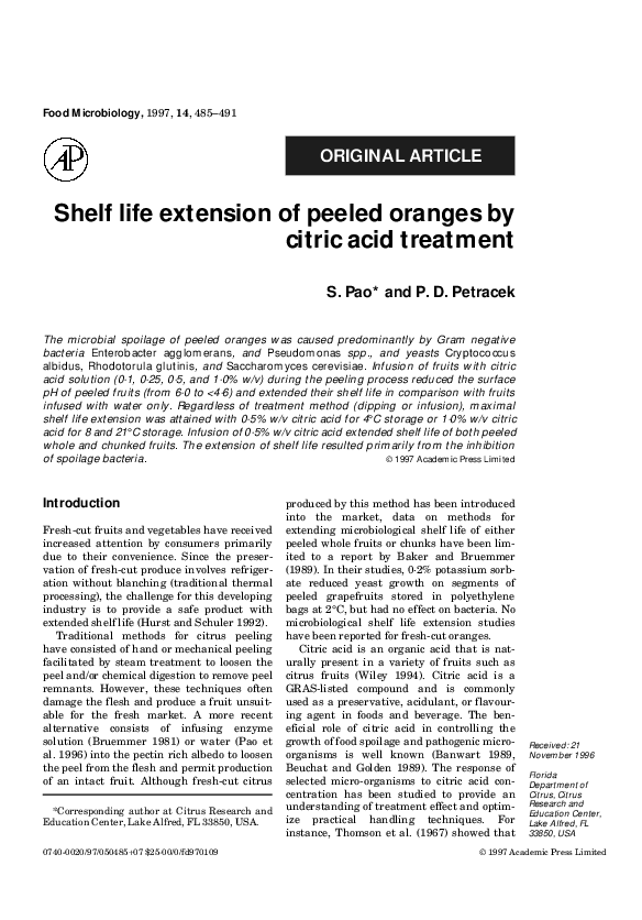 (PDF) Shelf life extension of peeled oranges by citric acid treatment