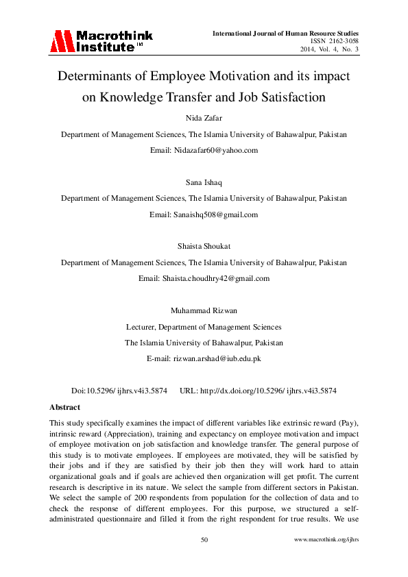 Pdf Determinants Of Employee Motivation And Its Impact On Knowledge Pdf Determinants Of Employee Motivation And Its Impact On Knowledge