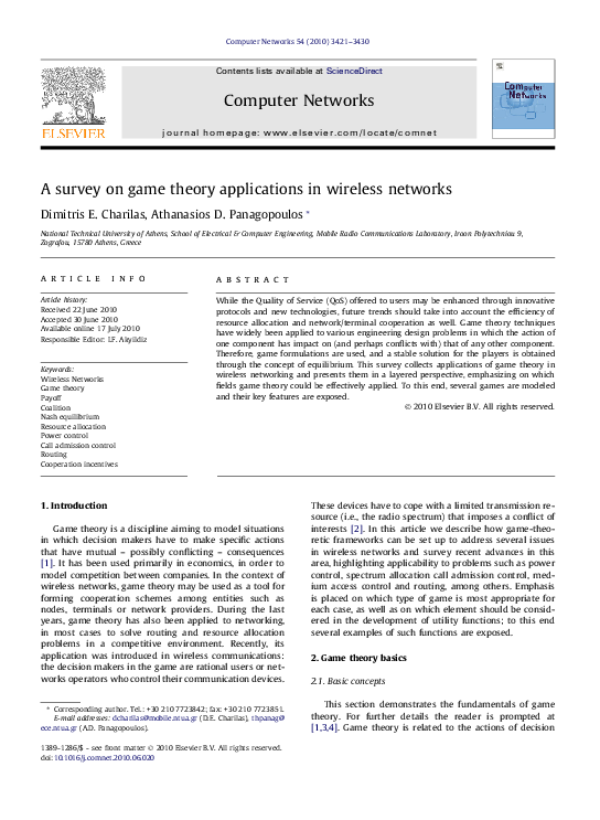 (PDF) A survey on game theory applications in wireless networks