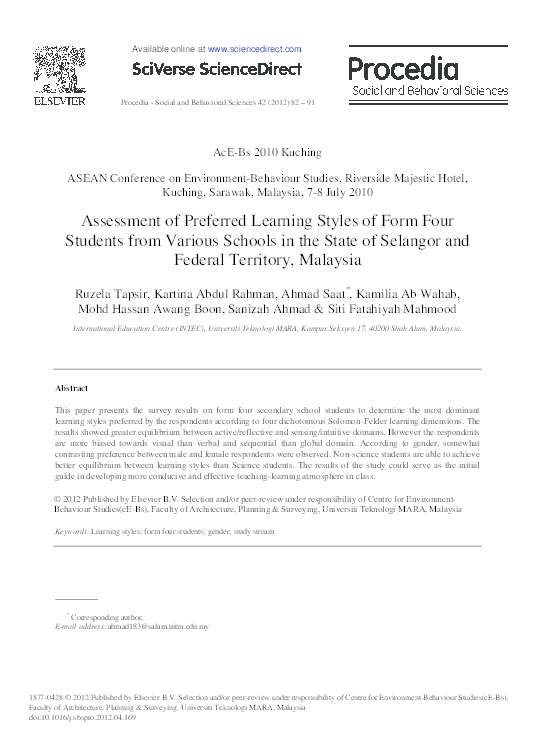 (PDF) Assessment of Preferred Learning Styles of Form Four Students ...