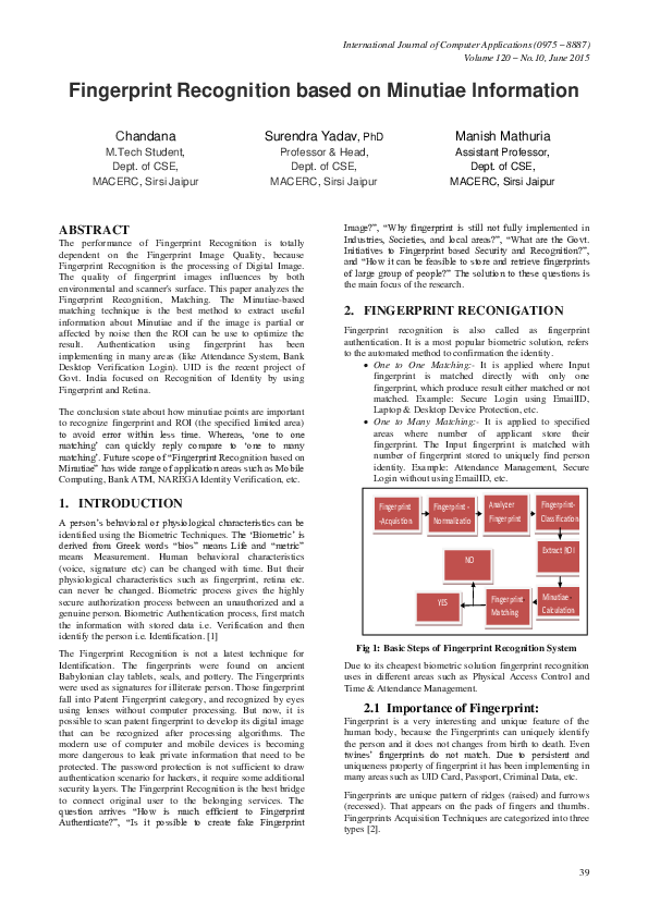 (PDF) Fingerprint Recognition based on Minutiae Information