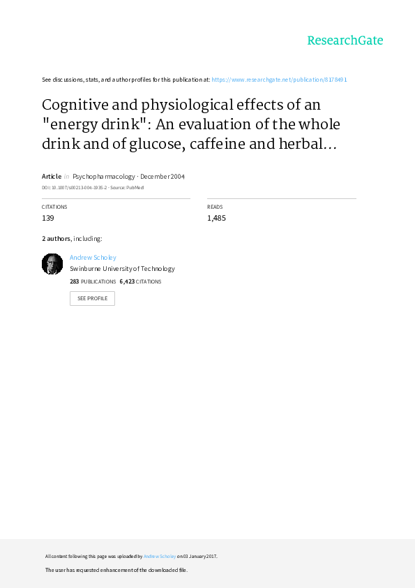(PDF) Cognitive and Physiological Effects of An energy Drink An