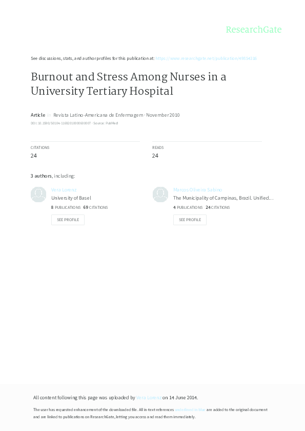 (PDF) Burnout and Stress Among Nurses in a University Tertiary Hospital