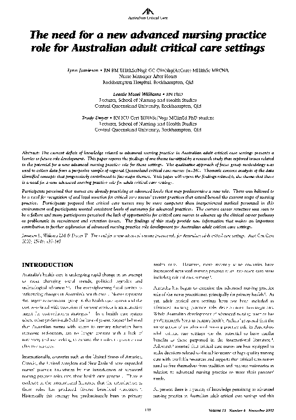 (PDF) The Need for a New Advanced Nursing Practice Role for Australian ...