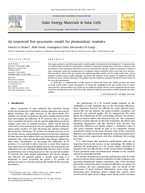 (PDF) An improved five-parameter model for photovoltaic modules