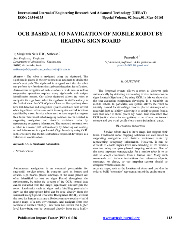 (PDF) OCR BASED AUTO NAVIGATION OF MOBILE ROBOT BY READING SIGN BOARD