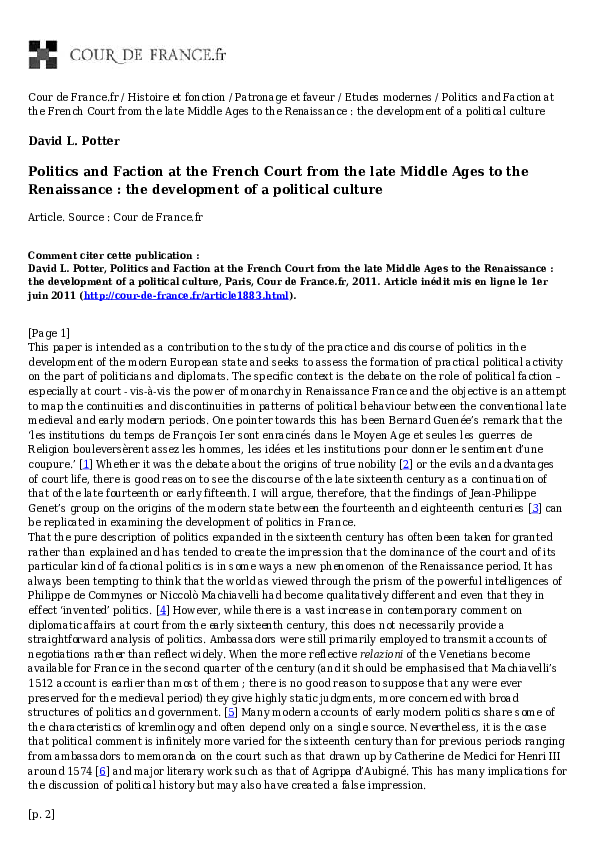 Politics and Faction at the French Court from the late Middle Ages to the Renaissance : the development of a political culture