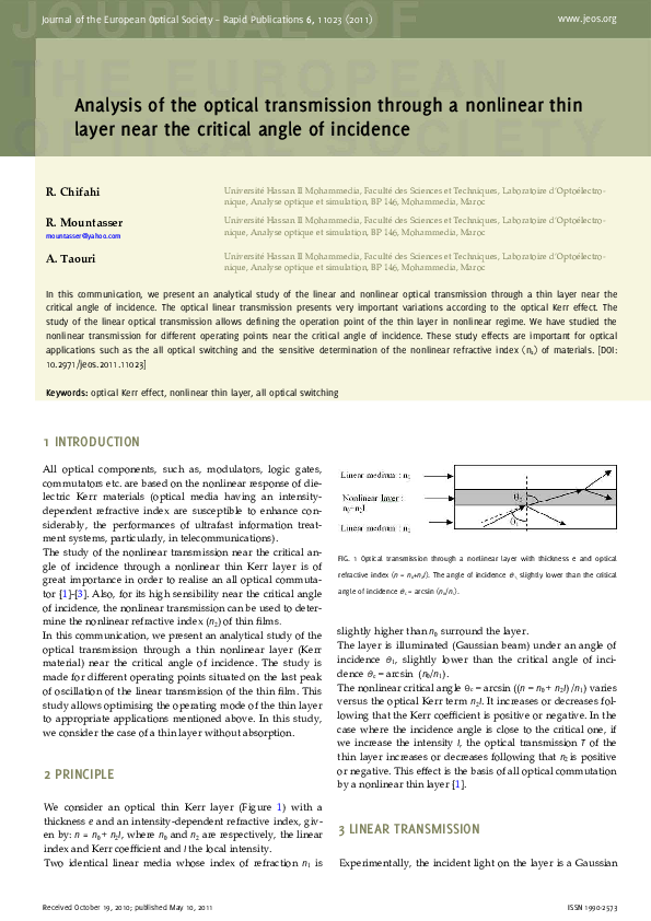 (PDF) Analysis of the optical transmission through a nonlinear thin ...