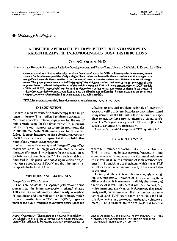 (PDF) A unified approach to dose-effect relationships in radiotherapy ...