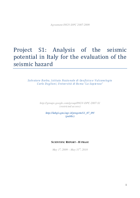 (PDF) Project S1: Analysis of the seismic potential in Italy for the ...
