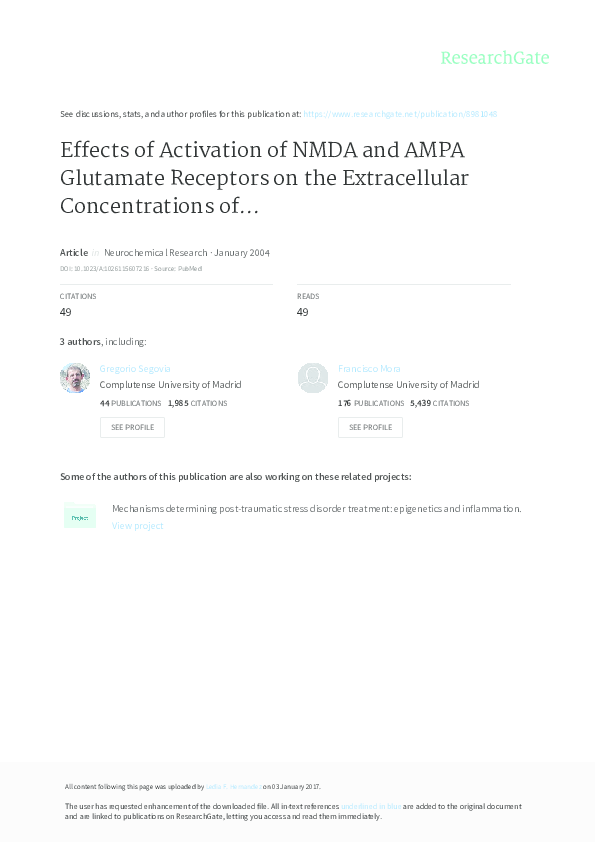(PDF) Effects of activation of NMDA and AMPA glutamate receptors on the ...