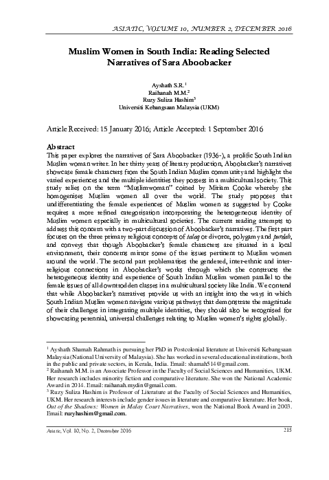 (PDF) Muslim Women in South India: Reading Selected Narratives of Sara ...