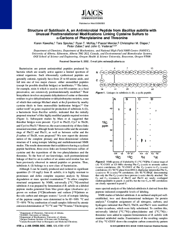 (PDF) Structure of Subtilosin A, an Antimicrobial Peptide from Bacillus ...