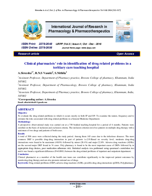 (PDF) Clinical pharmacists' role in identification of drug related ...