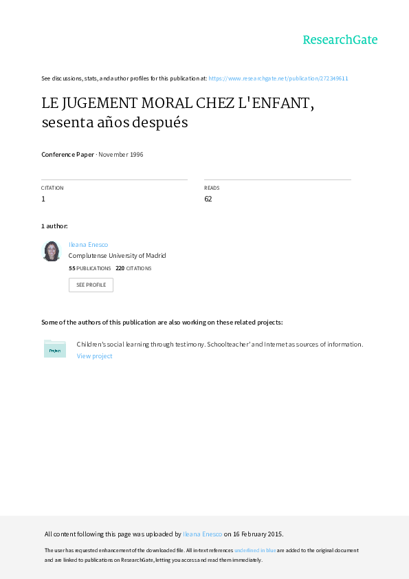 (PDF) LE JUGEMENT MORAL CHEZ L'ENFANT, sesenta años después Ileana