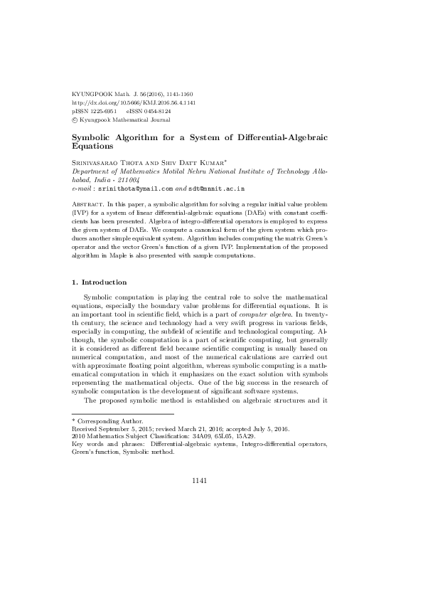 (PDF) Symbolic Algorithm for a System of Differential-Algebraic Equations
