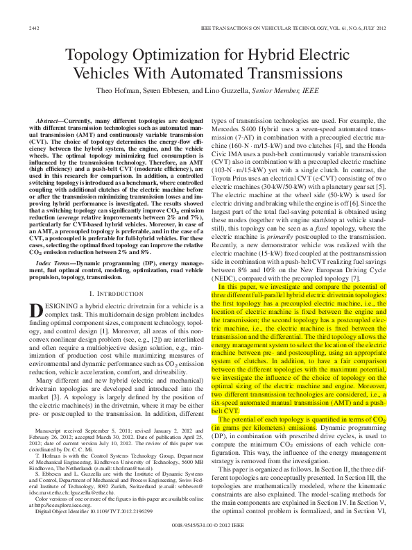 (PDF) Topology Optimization for Hybrid Electric Vehicles With Automated ...