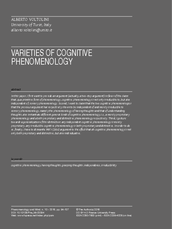 (PDF) VARIETIES OF COGNITIVE PHENOMENOLOGY