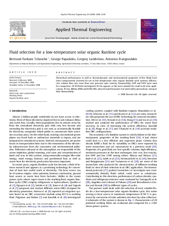 (PDF) Fluid selection for a low-temperature solar organic Rankine cycle
