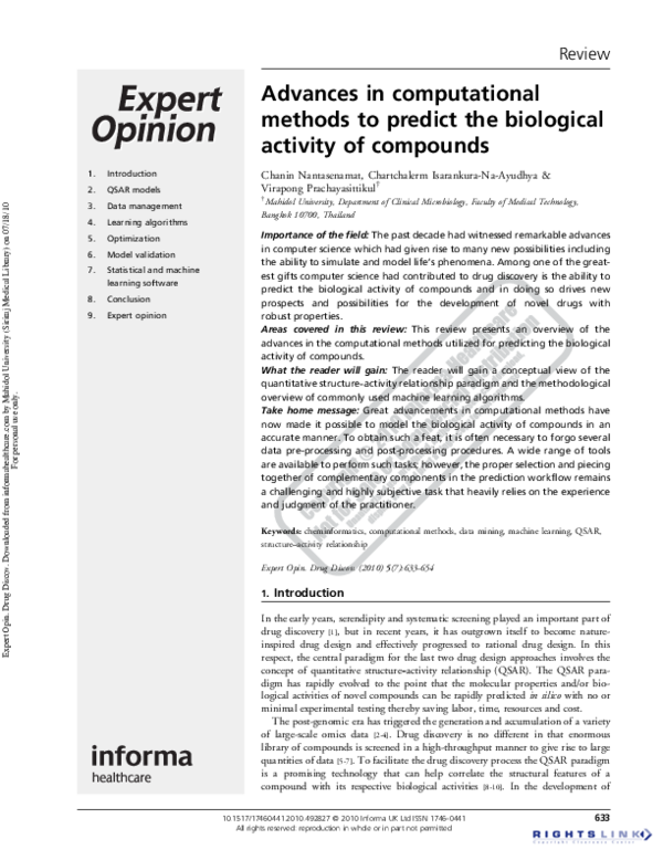 (PDF) Advances in computational methods to predict the biological ...