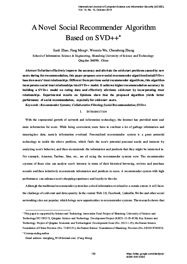 (PDF) A Novel Social Recommender Algorithm Based on SVD