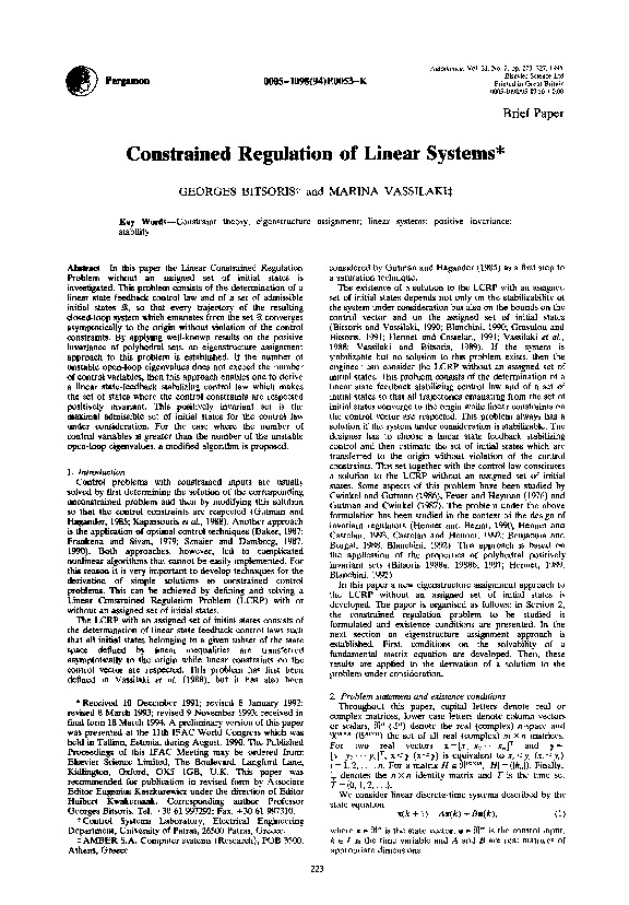 (PDF) Constrained regulation of linear systems