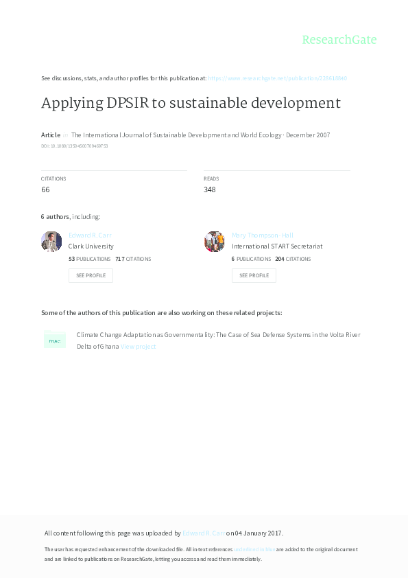 (PDF) Applying DPSIR to sustainable development