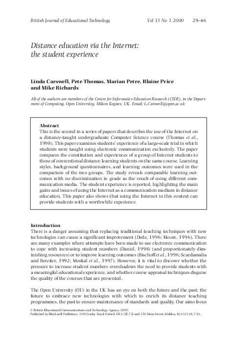 (PDF) Distance education via the Internet: the student experience