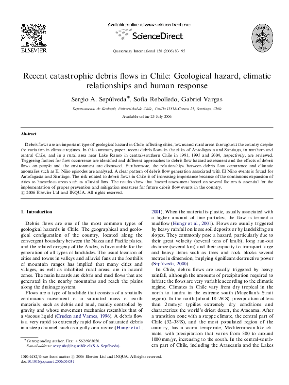 (PDF) Recent catastrophic debris flows in Chile: Geological hazard ...