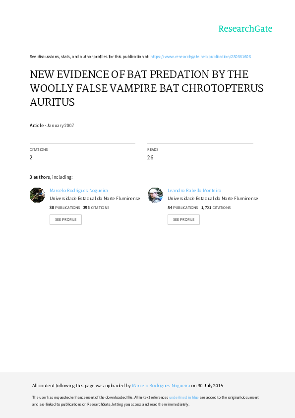 (PDF) New Evidence of Bat Predation by the Woolly False Vampire Bat