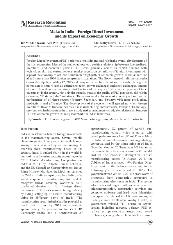 (PDF) Make in India - Foreign Direct Investment and its Impact on ...