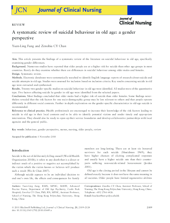 (PDF) A systematic review of suicidal behaviour in old age: a gender ...