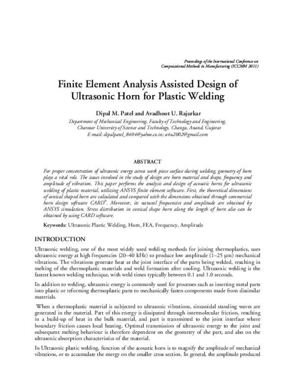 (PDF) Finite Element Analysis Assisted Design of Ultrasonic Horn for ...