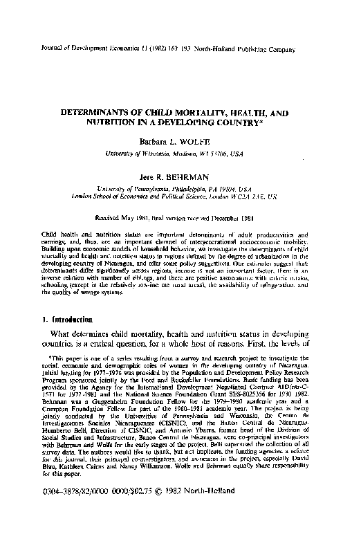 (PDF) Determinants of child mortality, health, and nutrition in a ...