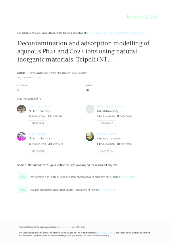 (PDF) Decontamination and adsorption modelling of aqueous Co+2 and Pb+2 ...