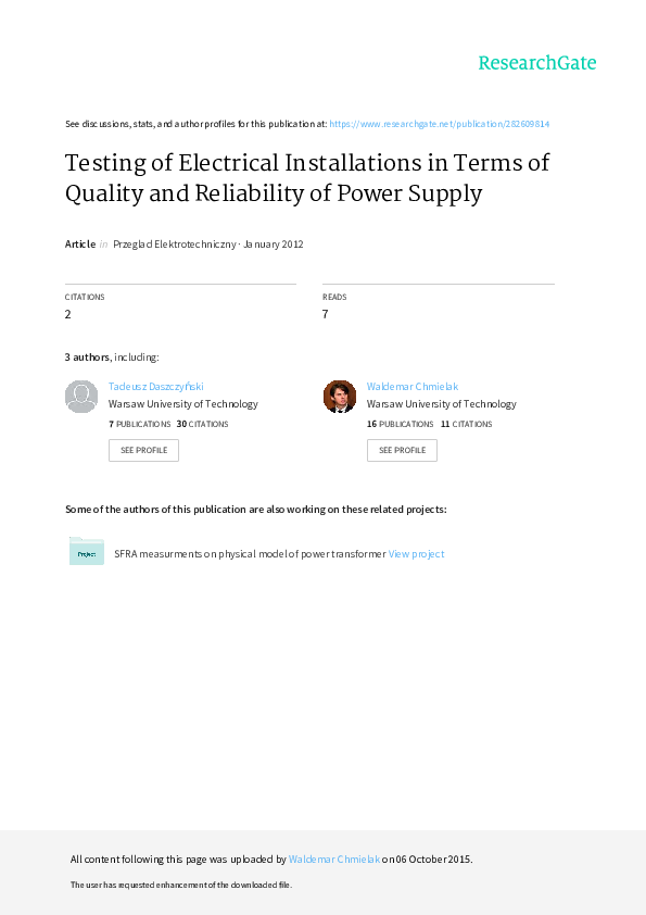 (PDF) Testing of Electrical Installations in Terms of Quality and