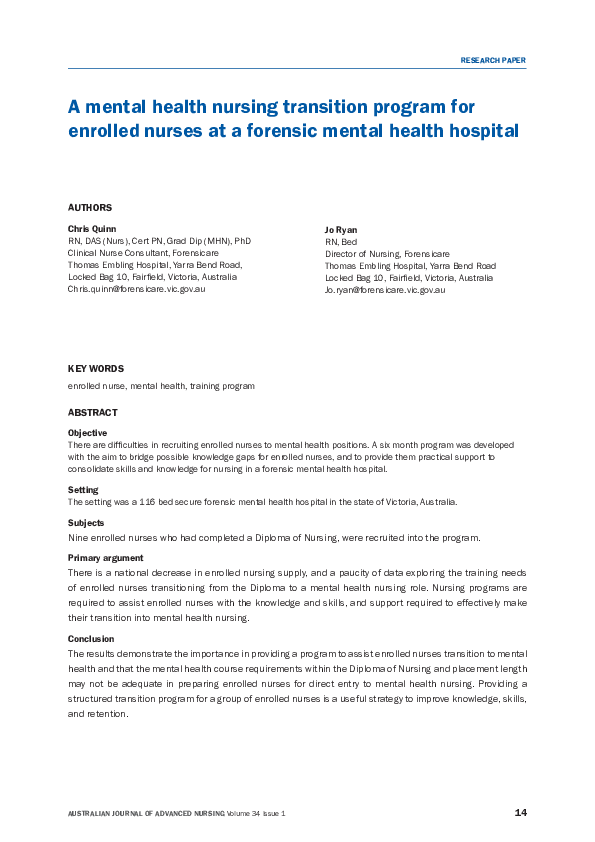 (PDF) A mental health nursing transition program for enrolled nurses ata forensic mental health