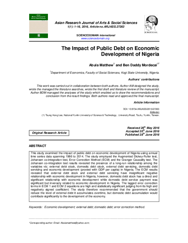 (PDF) The Impact of Public Debt on Economic Development of Nigeria