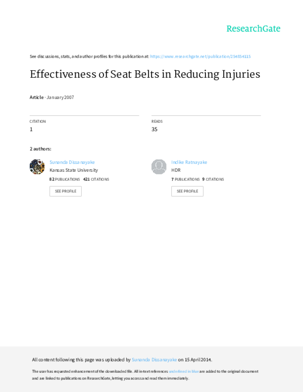 (PDF) Effectiveness of Seat Belts in Reducing Injuries Sunanda Dissanayake Academia.edu
