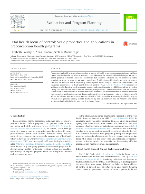 (PDF) Fetal health locus of control: Scale properties and applications ...