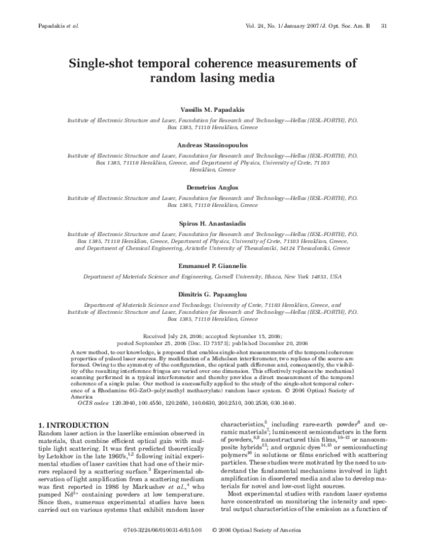 (PDF) Single Shot Temporal Coherence Measurements of Random Lasing Media