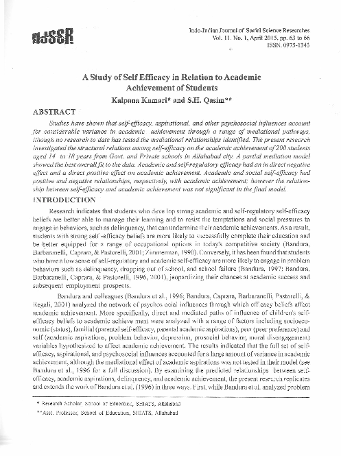 (PDF) A Study of Self Efficacy in Relation to Academic Achievement of ...