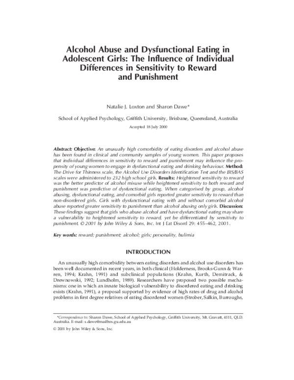 (PDF) Alcohol abuse and dysfunctional eating in adolescent girls: The ...