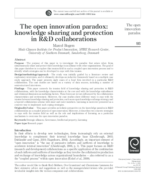 (PDF) The open innovation paradox: Knowledge sharing and protection in ...
