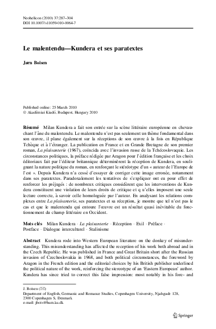 Pdf Le Malentendu Kundera Et Ses Paratextes Jorn Boisen Academia Edu