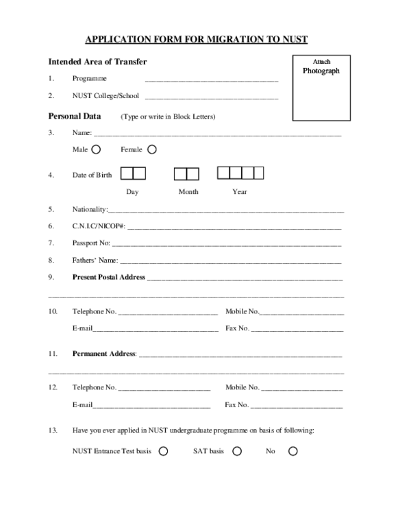 (PDF) APPLICATION FORM FOR MIGRATION TO NUST Personal Data Aisha