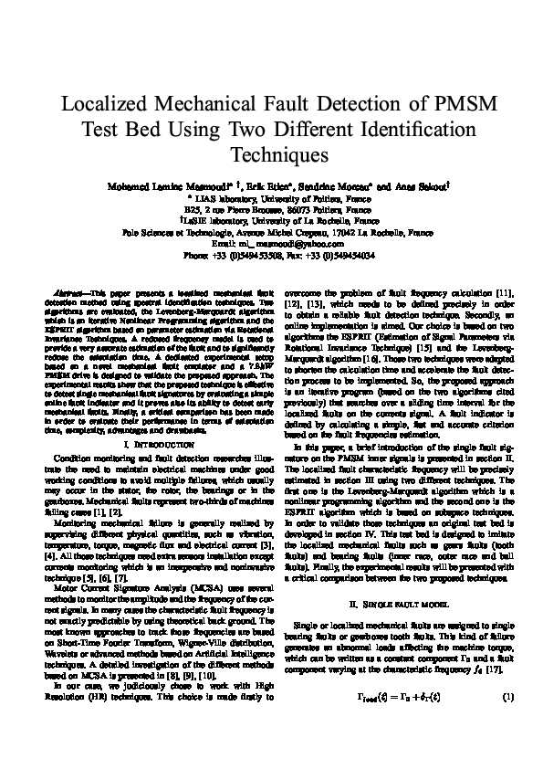 (PDF) Localized Mechanical Fault Detection of PMSM Test Bed Using Two